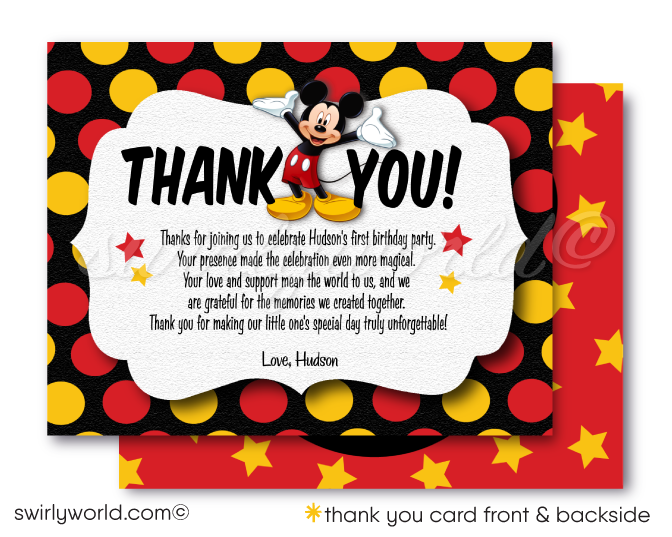 Celebrate your little one's milestone with our Classic Vintage-Style Mickey Mouse 1st Birthday Invitation Set. This digital bundle features whimsical red and yellow polka dots against a black, mouse-shaped background. Easily customizable with Corjl, it includes invitations, thank you cards, and coordinating envelopes.