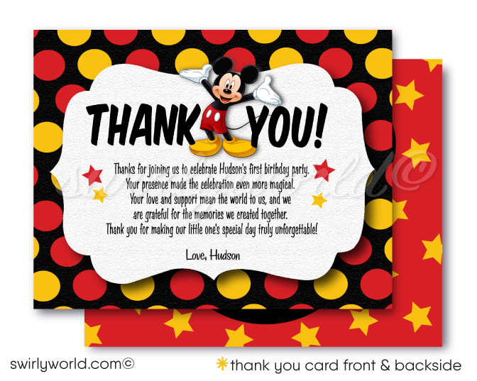 Vintage Mickey Mouse First 1st Birthday Party Invitation thank you card Digital Download for Girl or Boy