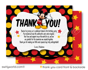 Celebrate your little one's milestone with our Vintage Red and Yellow Polkadot Mickey Mouse 1st Birthday Invitation Set! 🎈🐭 Featuring charming Mickey-inspired designs, heartfelt thank you cards, and coordinating envelopes. Personalize easily for a magical and unforgettable celebration. High-quality printed invitations!