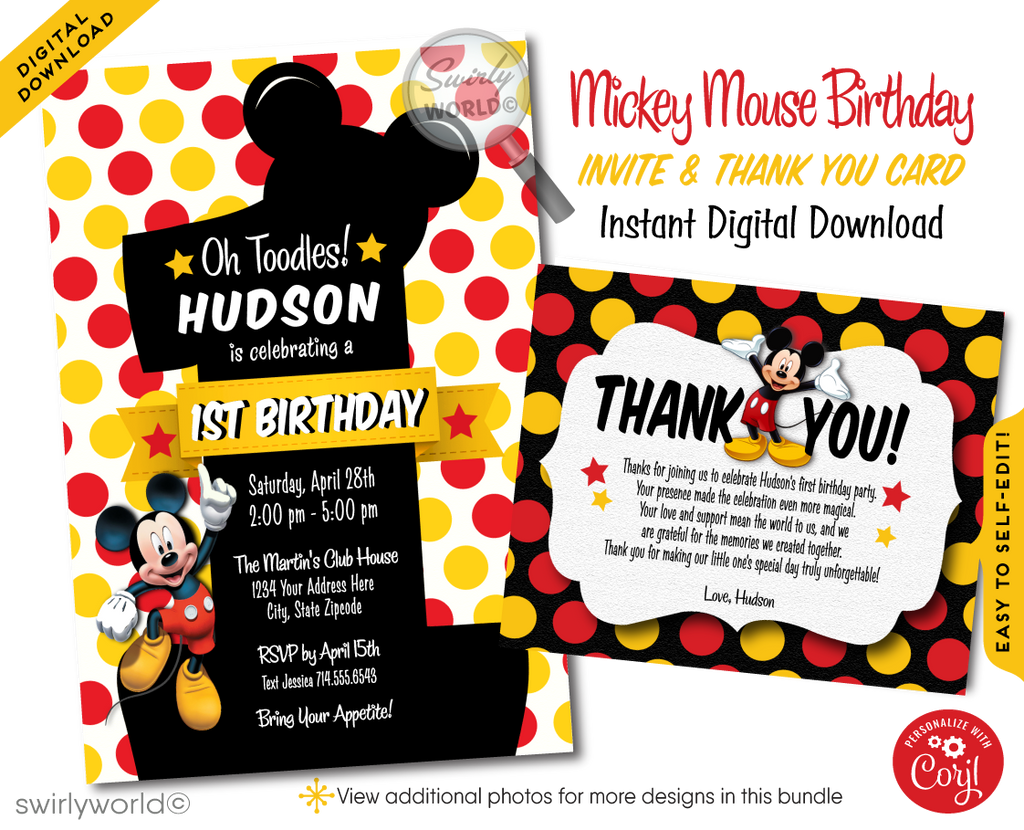 Vintage Mickey Mouse First 1st Birthday Party Invitation Digital Download for Girl or Boy