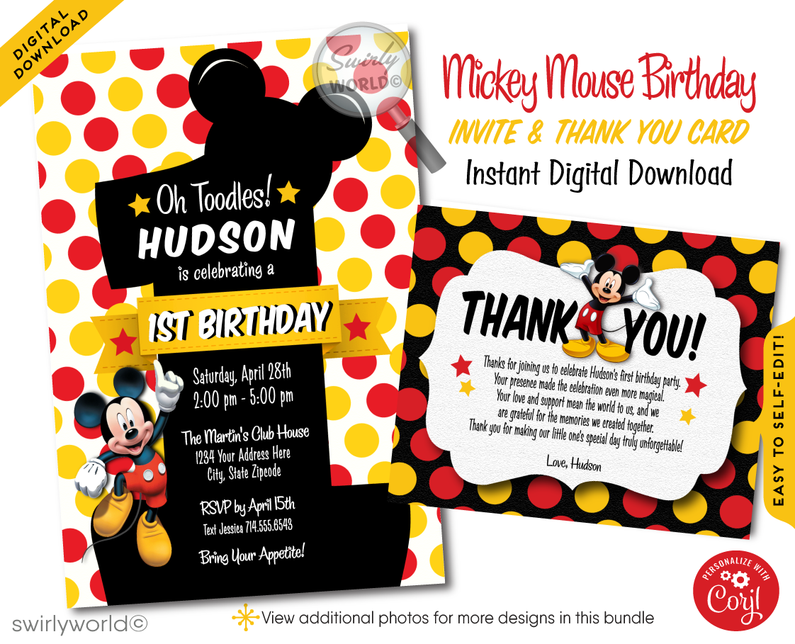 Celebrate your little one's milestone with our Classic Vintage-Style Mickey Mouse 1st Birthday Invitation Set. This digital bundle features whimsical red and yellow polka dots against a black, mouse-shaped background. Easily customizable with Corjl, it includes invitations, thank you cards, and coordinating envelopes.