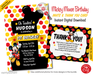 Celebrate your little one's milestone with our Classic Vintage-Style Mickey Mouse 1st Birthday Invitation Set. This digital bundle features whimsical red and yellow polka dots against a black, mouse-shaped background. Easily customizable with Corjl, it includes invitations, thank you cards, and coordinating envelopes.