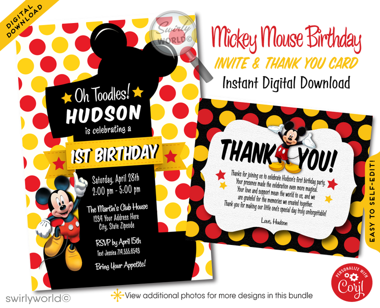 Vintage Mickey Mouse First 1st Birthday Party Invitation Digital Download for Girl or Boy