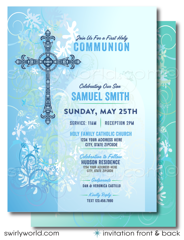 Enhance your First Holy Communion with our downloadable invitation set, designed specifically for boys with a retro vintage aesthetic. Each set includes a customizable invitation, thank you card, and envelopes, featuring old-school fonts and an ornate cross. 