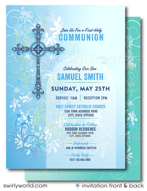 Discover Swirly World's professionally printed 1st First Holy Communion Invitation Set for boys, featuring a vintage retro design. Includes editable invitations, thank you cards, and envelopes, perfect for Communion, Baptism, or Confirmation celebrations.