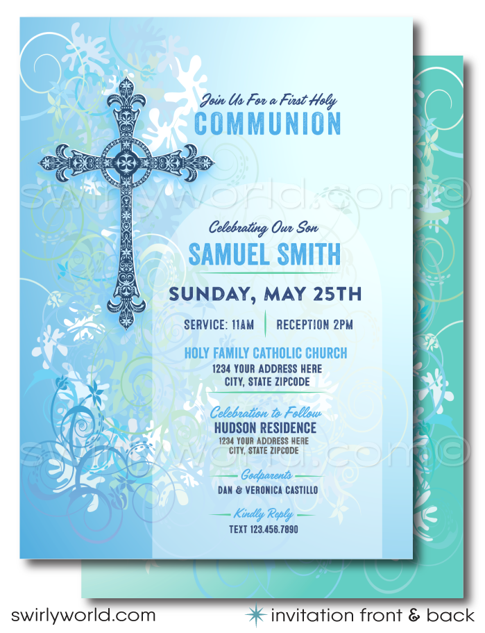 Discover Swirly World's professionally printed 1st First Holy Communion Invitation Set for boys, featuring a vintage retro design. Includes editable invitations, thank you cards, and envelopes, perfect for Communion, Baptism, or Confirmation celebrations.