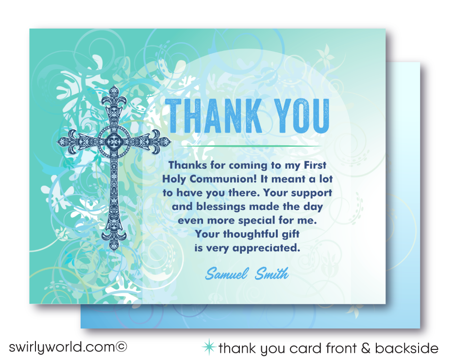 Enhance your First Holy Communion with our downloadable invitation set, designed specifically for boys with a retro vintage aesthetic. Each set includes a customizable invitation, thank you card, and envelopes, featuring old-school fonts and an ornate cross. 