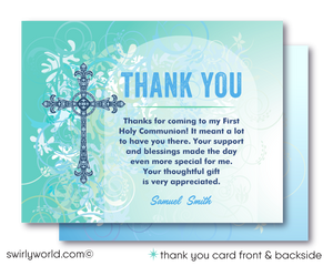 Enhance your First Holy Communion with our downloadable invitation set, designed specifically for boys with a retro vintage aesthetic. Each set includes a customizable invitation, thank you card, and envelopes, featuring old-school fonts and an ornate cross. 