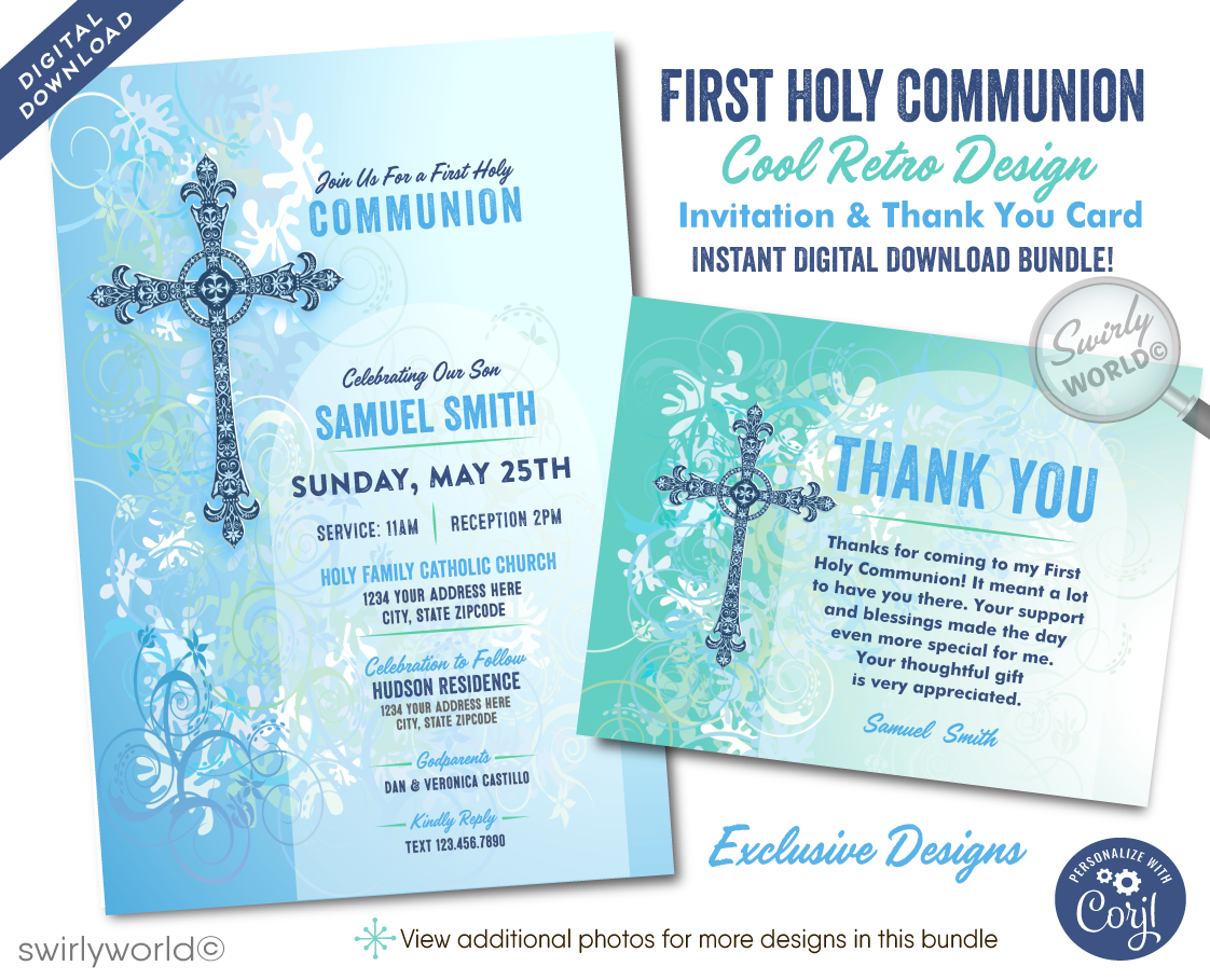 Enhance your First Holy Communion with our downloadable invitation set, designed specifically for boys with a retro vintage aesthetic. Each set includes a customizable invitation, thank you card, and envelopes, featuring old-school fonts and an ornate cross. 
