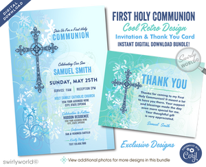 Enhance your First Holy Communion with our downloadable invitation set, designed specifically for boys with a retro vintage aesthetic. Each set includes a customizable invitation, thank you card, and envelopes, featuring old-school fonts and an ornate cross. 