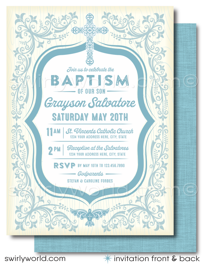 Celebrate your little one's sacred milestone with our Vintage Baptism Invitation and Thank You Card Set, now available for digital download. This elegant set features a soft blue palette that brings a serene and dignified ambiance to your baby boy's special day. Adorned with vintage style elements, an ornate cross, and a peaceful dove, these designs symbolize purity and spiritual grace