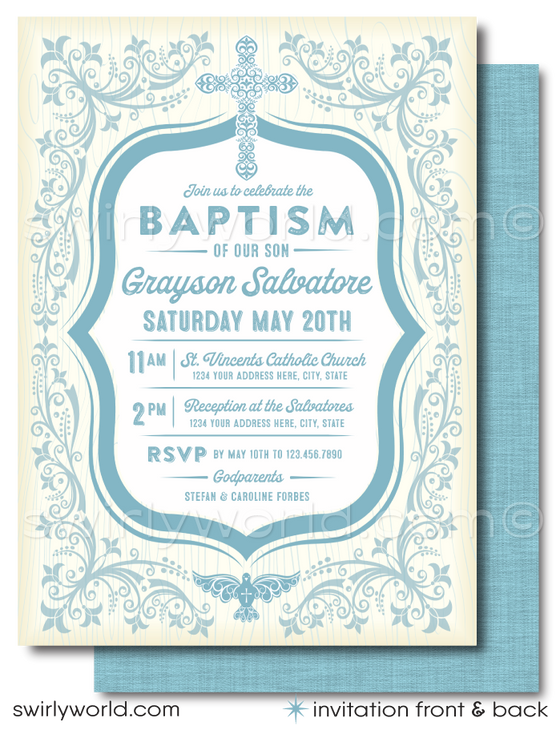 Celebrate your little one's sacred milestone with our Vintage Baptism Invitation and Thank You Card Set, now available for digital download. This elegant set features a soft blue palette that brings a serene and dignified ambiance to your baby boy's special day. Adorned with vintage style elements, an ornate cross, and a peaceful dove, these designs symbolize purity and spiritual grace