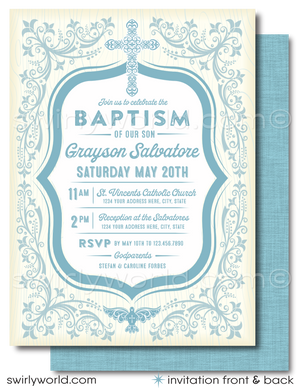 Celebrate your little one's sacred milestone with our Vintage Baptism Invitation and Thank You Card Set, now available for digital download. This elegant set features a soft blue palette that brings a serene and dignified ambiance to your baby boy's special day. Adorned with vintage style elements, an ornate cross, and a peaceful dove, these designs symbolize purity and spiritual grace
