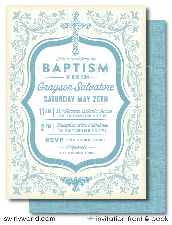 Celebrate your little one's sacred milestone with our Vintage Baptism Invitation and Thank You Card Set. This elegant Baptism set features a soft blue palette that brings a serene and dignified ambiance to your baby boy's special day. Adorned with vintage style elements, an ornate cross, and a peaceful dove, these designs symbolize purity and spiritual grace.