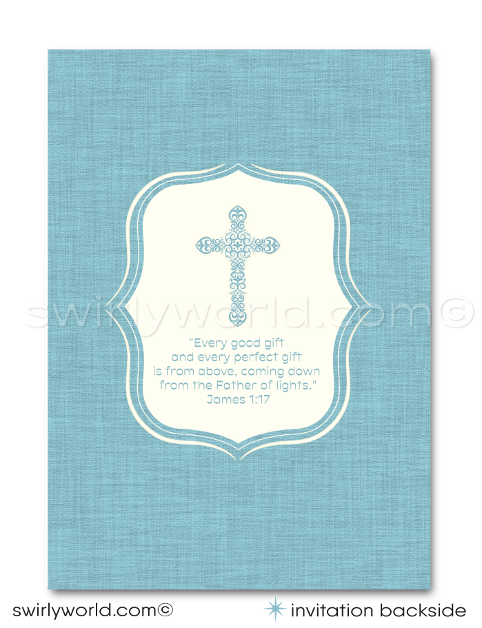 Celebrate your little one's sacred milestone with our Vintage Baptism Invitation and Thank You Card Set, now available for digital download. This elegant set features a soft blue palette that brings a serene and dignified ambiance to your baby boy's special day. Adorned with vintage style elements, an ornate cross, and a peaceful dove, these designs symbolize purity and spiritual grace