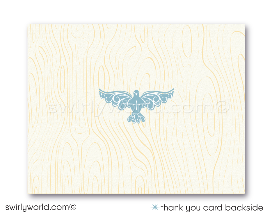 Vintage Blue Cross and Dove First 1st Holy Communion Invitation and Thank You Card for Boys