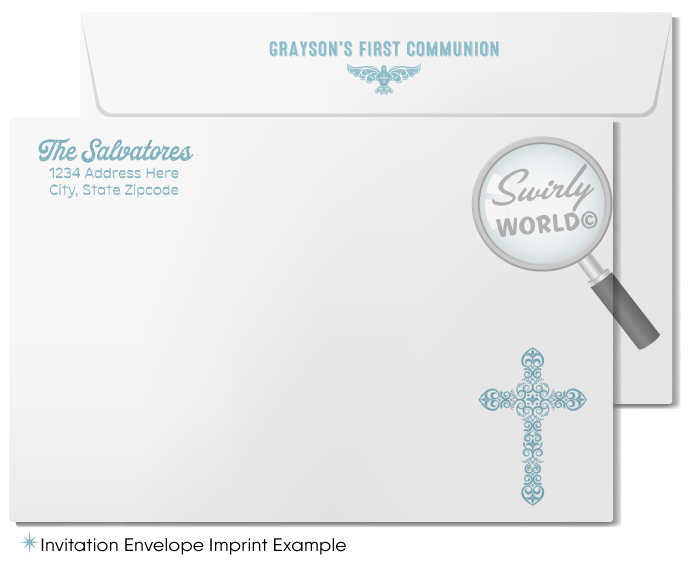 Vintage Blue Cross and Dove First 1st Holy Communion Invitation and Thank You Card for Boys