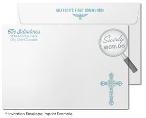 Vintage Blue Cross and Dove First 1st Holy Communion Invitation and Thank You Card for Boys