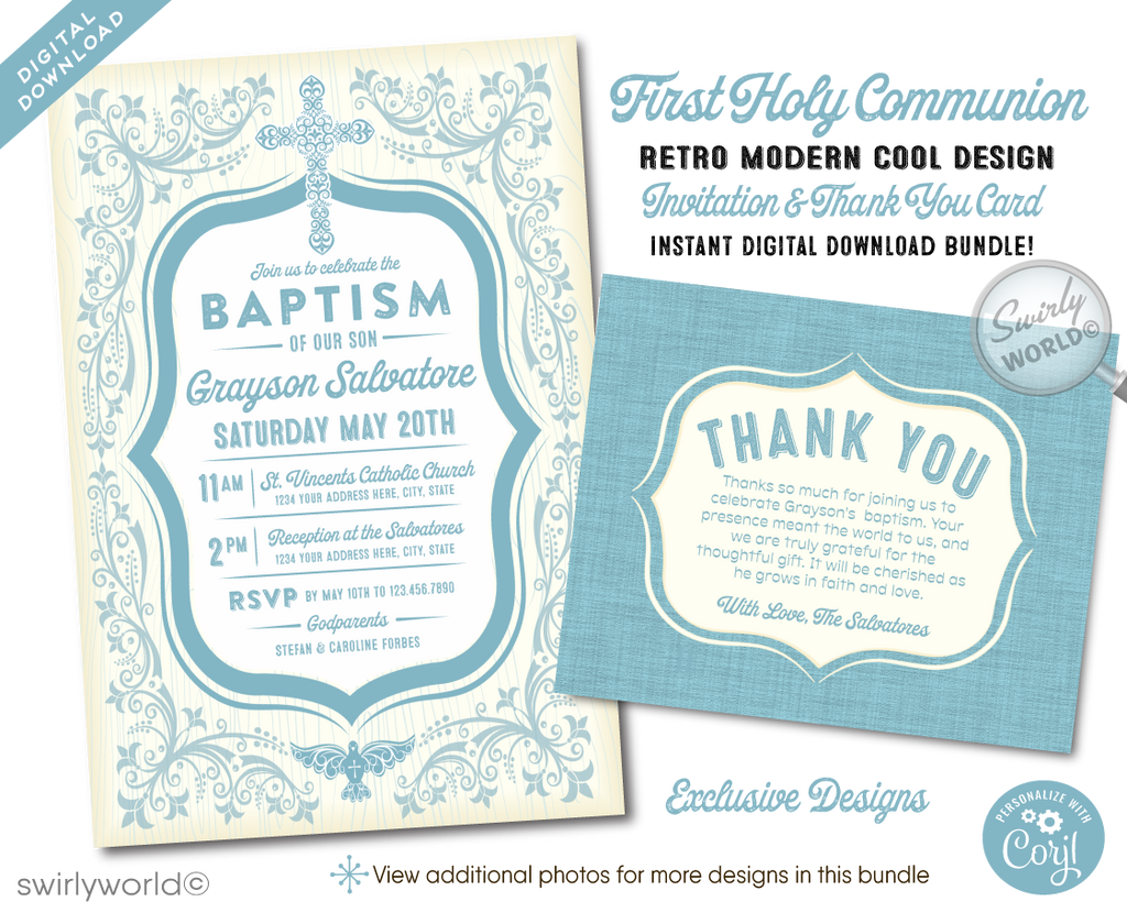 Celebrate your little one's sacred milestone with our Vintage Baptism Invitation and Thank You Card Set, now available for digital download. This elegant set features a soft blue palette that brings a serene and dignified ambiance to your baby boy's special day. Adorned with vintage style elements, an ornate cross, and a peaceful dove, these designs symbolize purity and spiritual grace