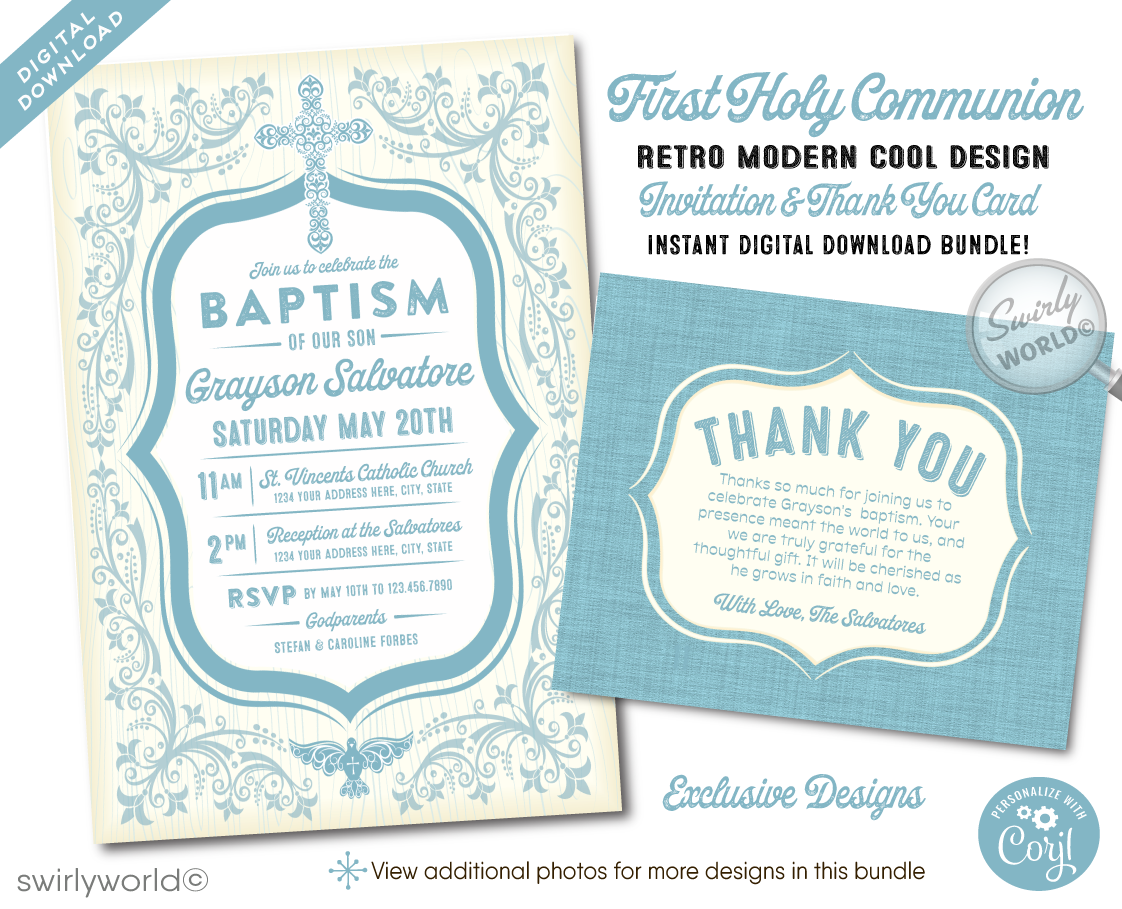 Celebrate your little one's sacred milestone with our Vintage Baptism Invitation and Thank You Card Set, now available for digital download. This elegant set features a soft blue palette that brings a serene and dignified ambiance to your baby boy's special day. Adorned with vintage style elements, an ornate cross, and a peaceful dove, these designs symbolize purity and spiritual grace