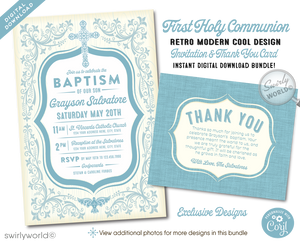 Celebrate your little one's sacred milestone with our Vintage Baptism Invitation and Thank You Card Set, now available for digital download. This elegant set features a soft blue palette that brings a serene and dignified ambiance to your baby boy's special day. Adorned with vintage style elements, an ornate cross, and a peaceful dove, these designs symbolize purity and spiritual grace