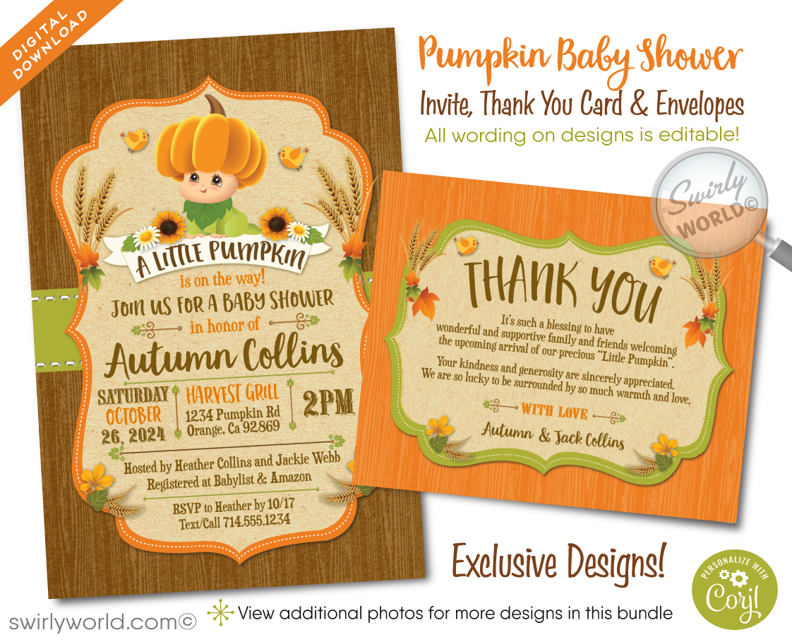 The "Little Pumpkin on the Way" Halloween baby shower design is gender-neutral, perfect for celebrating either a baby boy or girl. It features playful illustrations of a newborn baby with a pumpkin on the head, surrounded by sunflowers and wheat grass, and uses vintage-style rustic fonts to evoke a sense of nostalgia and rustic elegance.