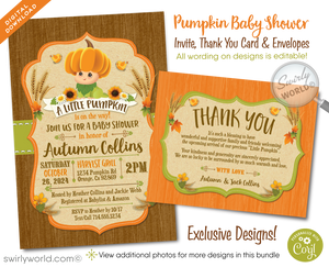 The "Little Pumpkin on the Way" Halloween baby shower design is gender-neutral, perfect for celebrating either a baby boy or girl. It features playful illustrations of a newborn baby with a pumpkin on the head, surrounded by sunflowers and wheat grass, and uses vintage-style rustic fonts to evoke a sense of nostalgia and rustic elegance.