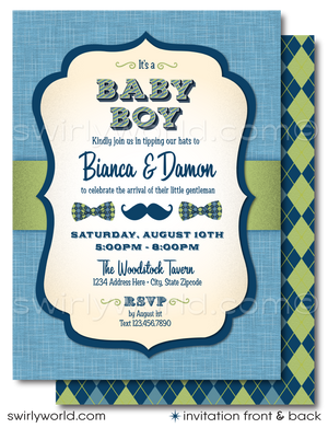 Host a stylish 'Little Gentleman' baby shower with Swirly World's hipster-themed invitation set. Features cool mustaches, bowties, and vintage typography in navy, baby blue, and green. Includes editable invites, thank you cards, and envelopes. Perfect for a trendy couple’s shower or baby sprinkle.