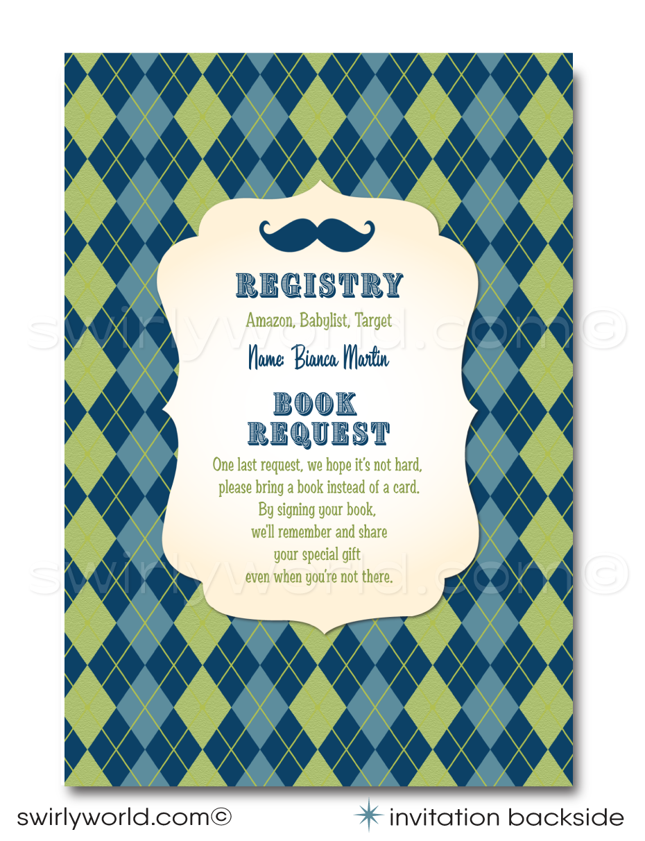 Host a stylish 'Little Gentleman' baby shower with Swirly World's hipster-themed invitation set. Features cool mustaches, bowties, and vintage typography in navy, baby blue, and green. Includes editable invites, thank you cards, and envelopes. Perfect for a trendy couple’s shower or baby sprinkle.