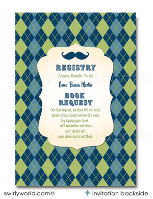 Host a stylish 'Little Gentleman' baby shower with Swirly World's hipster-themed invitation and Book Request Card set. Features cool mustaches, bowties, and vintage typography in navy, baby blue, and green. Includes editable invites, thank you cards, and envelopes. Perfect for a trendy couple’s shower or baby sprinkle.