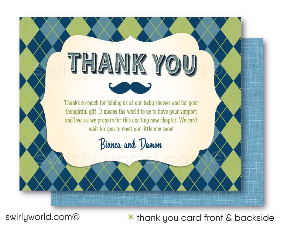 Host a stylish 'Little Gentleman' baby shower with Swirly World's hipster-themed invitation set. Features cool mustaches, bowties, and vintage typography in navy, baby blue, and green. Includes editable invites, thank you cards, and envelopes. Perfect for a trendy couple’s shower or baby sprinkle.