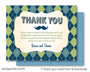 Host a stylish 'Little Gentleman' baby shower with Swirly World's hipster-themed invitation set. Features cool mustaches, bowties, and vintage typography in navy, baby blue, and green. Includes editable invites, thank you cards, and envelopes. Perfect for a trendy couple’s shower or baby sprinkle.