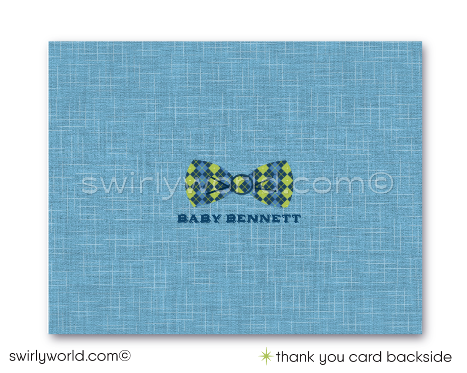 Host a stylish 'Little Gentleman' baby shower with Swirly World's hipster-themed invitation set. Features cool mustaches, bowties, and vintage typography in navy, baby blue, and green. Includes editable invites, thank you cards, and envelopes. Perfect for a trendy couple’s shower or baby sprinkle.