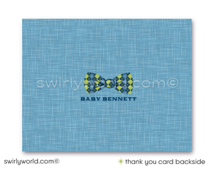 Host a stylish 'Little Gentleman' baby shower with Swirly World's hipster-themed invitation set. Features cool mustaches, bowties, and vintage typography in navy, baby blue, and green. Includes editable invites, thank you cards, and envelopes. Perfect for a trendy couple’s shower or baby sprinkle.