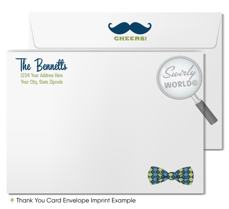Host a stylish 'Little Gentleman' baby shower with Swirly World's hipster-themed invitation set. Features cool mustaches, bowties, and vintage typography in navy, baby blue, and green. Includes editable invites, thank you cards, and envelopes. Perfect for a trendy couple’s shower or baby sprinkle.