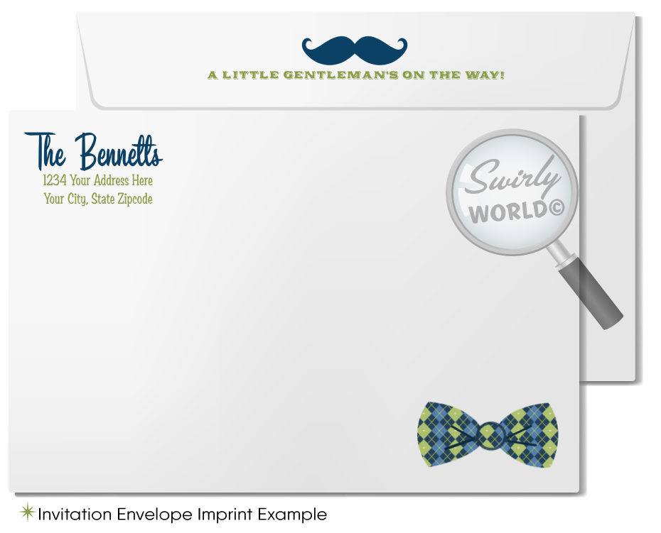Host a stylish 'Little Gentleman' baby shower with Swirly World's hipster-themed invitation set. Features cool mustaches, bowties, and vintage typography in navy, baby blue, and green. Includes editable invites, thank you cards, and envelopes. Perfect for a trendy couple’s shower or baby sprinkle.