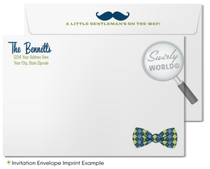 Host a stylish 'Little Gentleman' baby shower with our hipster-themed invitation set. Features cool mustaches, bowties, and vintage typography in navy, baby blue, and green. Includes editable invites, thank you cards, and envelopes. Perfect for a trendy couple’s shower or baby sprinkle.