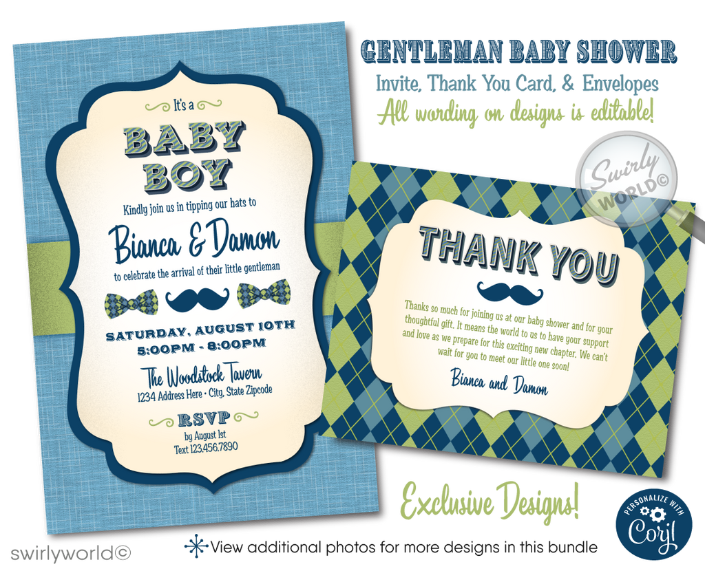 Host a stylish 'Little Gentleman' baby shower with Swirly World's hipster-themed invitation set. Features cool mustaches, bowties, and vintage typography in navy, baby blue, and green. Includes editable invites, thank you cards, and envelopes. Perfect for a trendy couple’s shower or baby sprinkle.