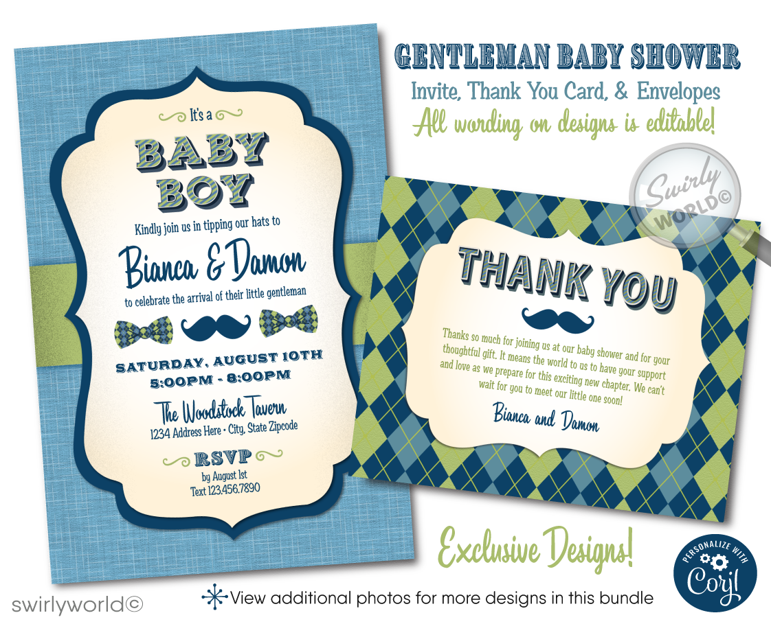 Host a stylish 'Little Gentleman' baby shower with Swirly World's hipster-themed invitation set. Features cool mustaches, bowties, and vintage typography in navy, baby blue, and green. Includes editable invites, thank you cards, and envelopes. Perfect for a trendy couple’s shower or baby sprinkle.