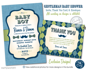 Host a stylish 'Little Gentleman' baby shower with Swirly World's hipster-themed invitation set. Features cool mustaches, bowties, and vintage typography in navy, baby blue, and green. Includes editable invites, thank you cards, and envelopes. Perfect for a trendy couple’s shower or baby sprinkle.