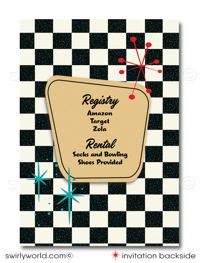 Retro Bowling Theme Mid-Century Rockabilly Engagement Party Invitations with Starbursts!