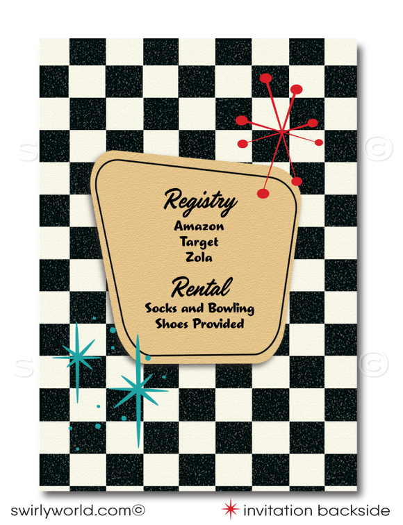 Retro Bowling Theme Mid-Century Rockabilly Engagement Party Invitations with Starbursts!