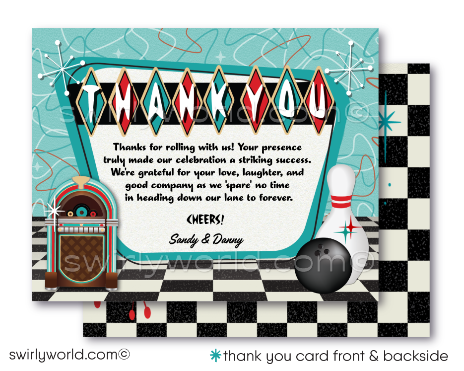 Retro Bowling Theme Mid-Century Rockabilly Engagement Party Invitations with Starbursts!