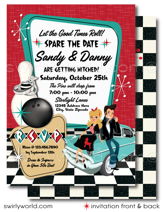 Retro Bowling Theme Mid-Century Rockabilly Engagement Party Invitations with Starbursts!