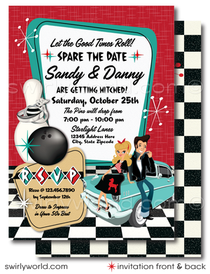 At the heart of this retro Engagement Party Invitation design is an illustration of a rockabilly style couple seated on a classic 1957 Chevy car, alongside a playful illustration of a bowling pin and ball, with an engagement ring elegantly wrapped around the bowling pin. This imagery sets the scene for a love story that's as timeless and stylish as the era it celebrates.