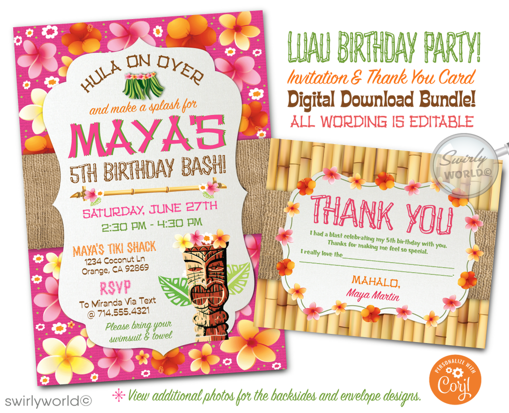 Hawaiian Retro Hibiscus Tiki Hula Girl Luau Party Invitation & Thank You Digital Download