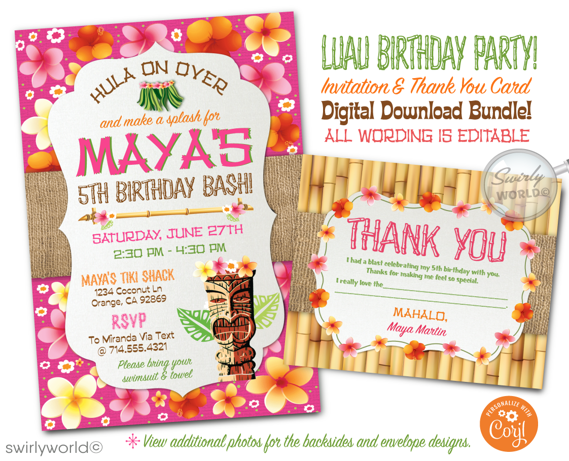 Hawaiian Retro Hibiscus Tiki Hula Girl Luau Party Invitation & Thank You Digital Download