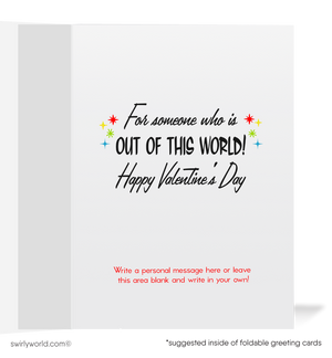 Charming 1940s-1950s Vintage-Inspired Valentine's Day Cards: Retro Space Aliens with Hearts