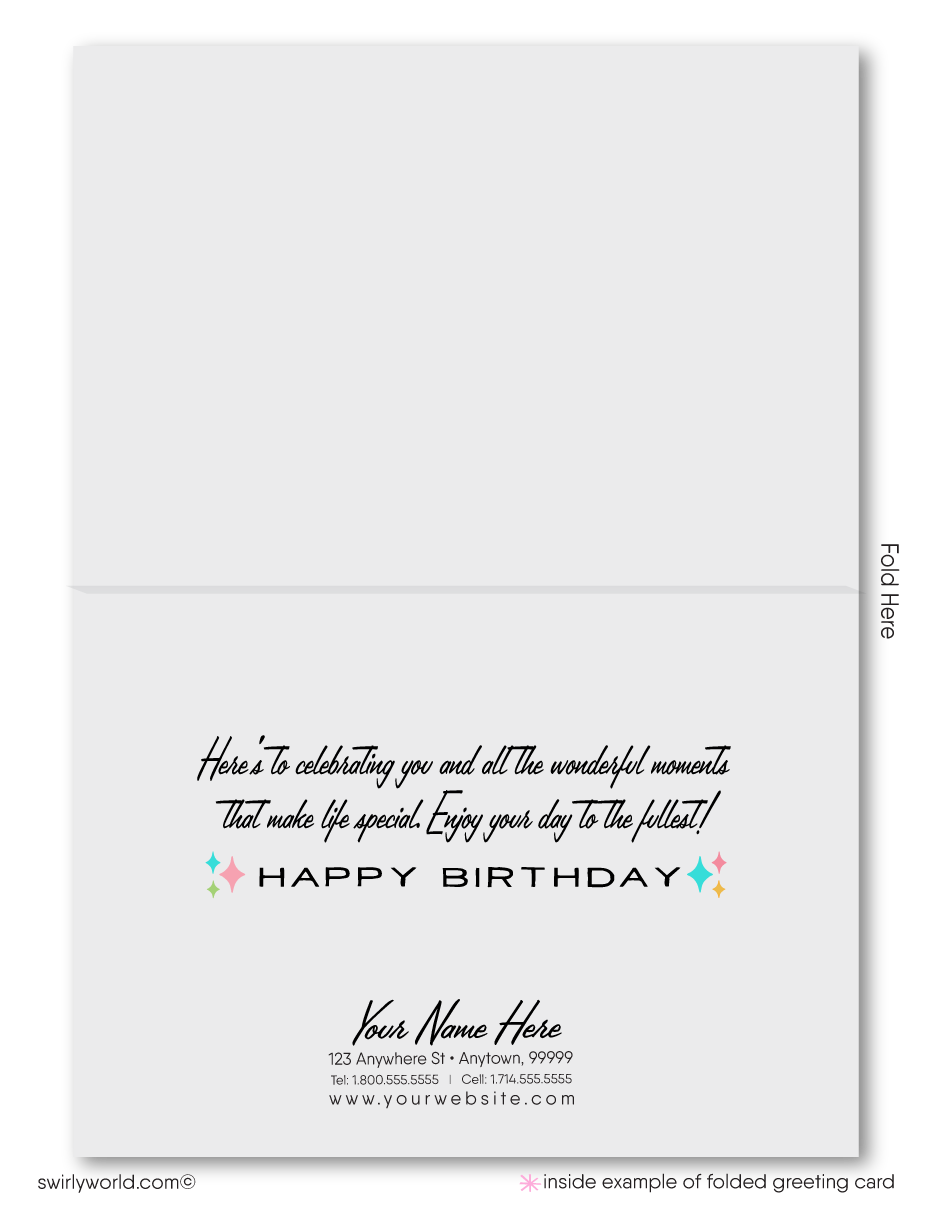 Celebrate your clients' special day with our exclusive retro mid-century modern Happy Birthday card. Featuring a vibrant cake with candles design, retro-style lettering, and classic MCM colors. Available as folded or flat cards, printed on thick card stock with matching envelopes. Upgrade to customized envelopes with your logo for a professional touch.