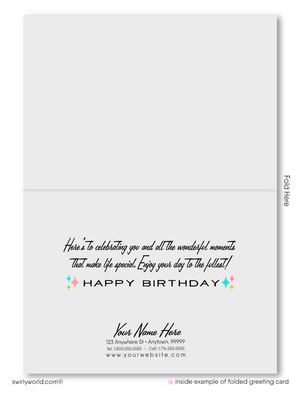 Celebrate your clients' special day with our exclusive retro mid-century modern Happy Birthday card. Featuring a vibrant cake with candles design, retro-style lettering, and classic MCM colors. Available as folded or flat cards, printed on thick card stock with matching envelopes. Upgrade to customized envelopes with your logo for a professional touch.